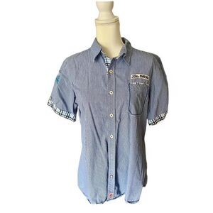 Blue embroidered Rolling Paper Co button down